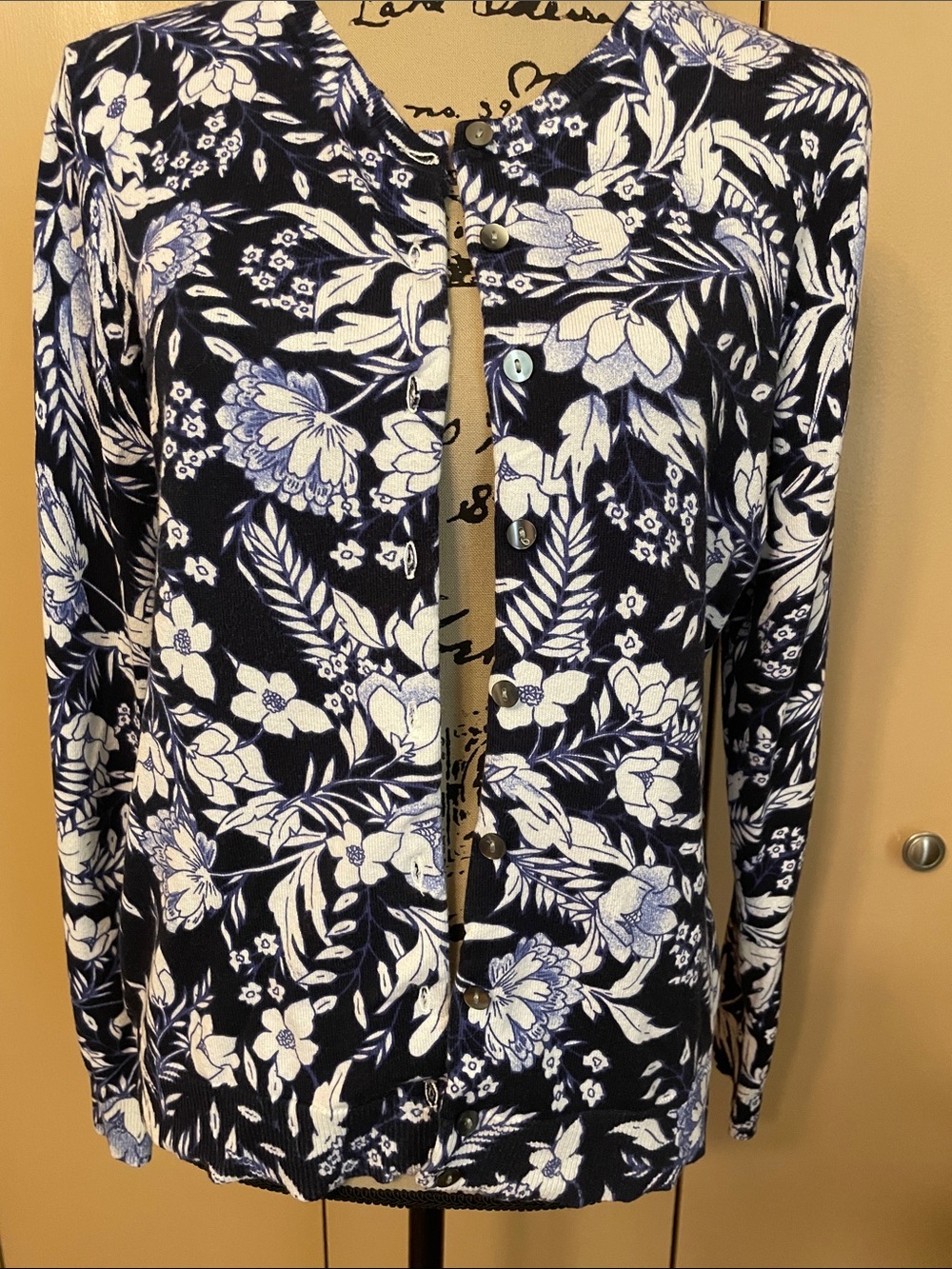 Karen Scott Navy Blue and White Floral Cardigan Sweater